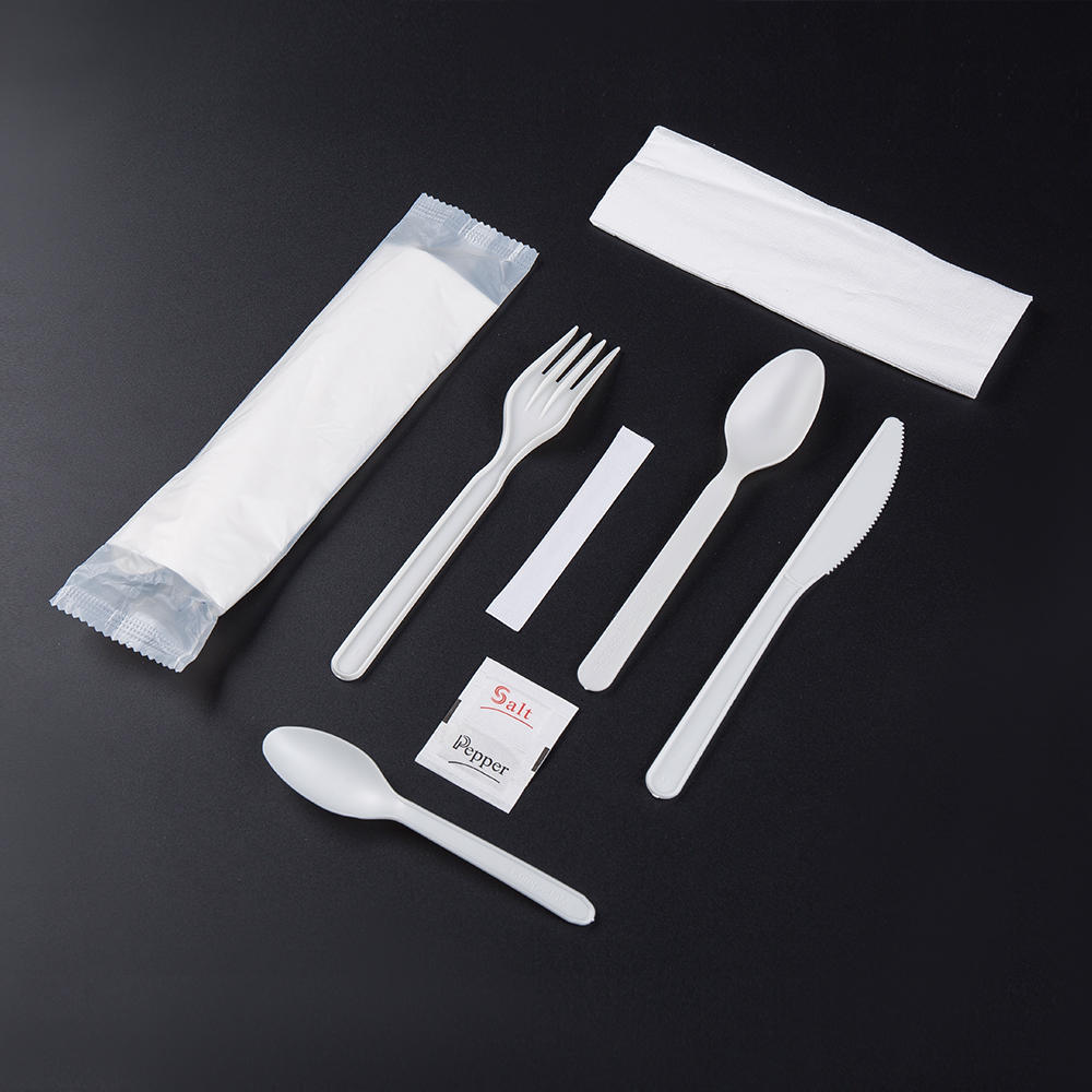 7' compostable CPLA cutlery kit (knife, fork, spoon, napkin with Salt N Pepper in a bio film)