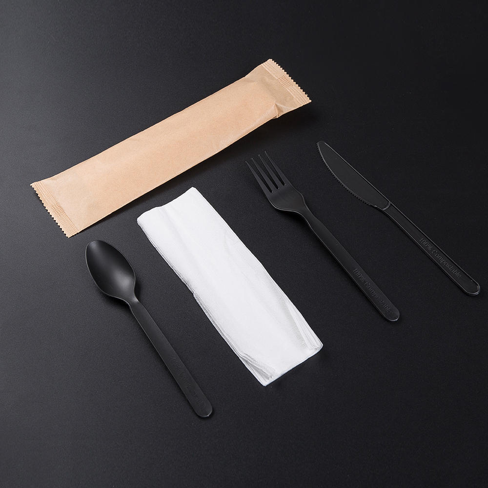 7' compostable CPLA cutlery kit (knife, fork, spoon & napkin in a kraft paper bag)
