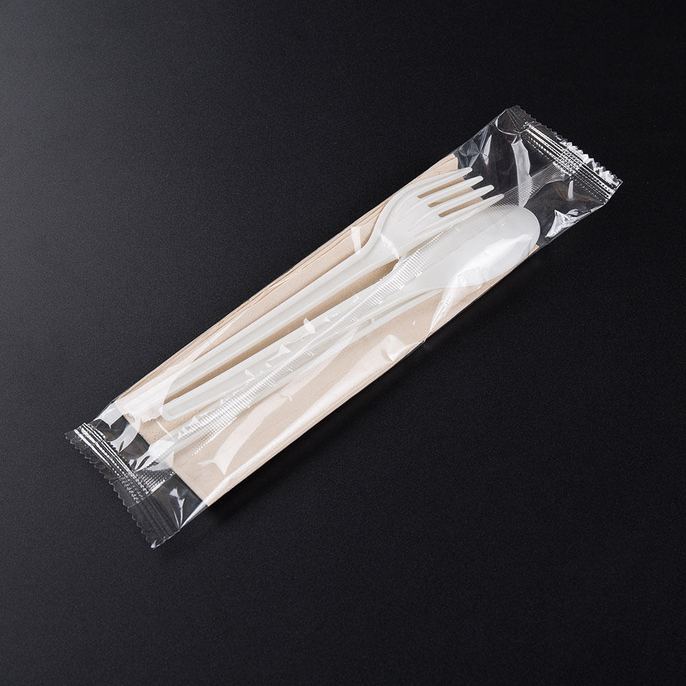 6.5' compostable CPLA cutlery kit (knife, fork & napkin in a kraft paper bag)