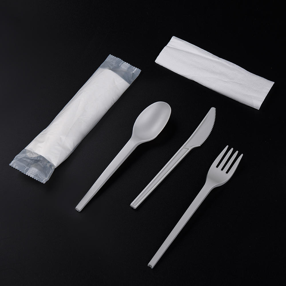 6.5' compostable CPLA cutlery kit (knife, fork, spoon & napkin in a bio film)